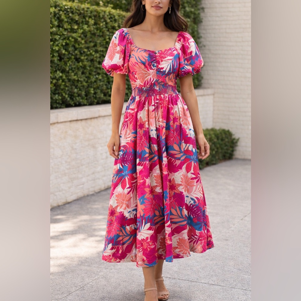 Pink Tropical Floral Smocked Midi Dress Small NWT Puff Sleeve Hawaiian Resort